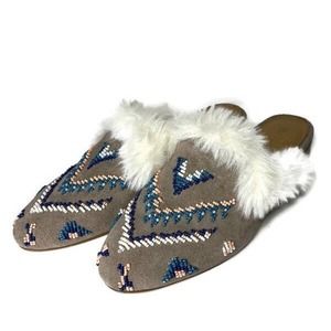 Soludos Sedona Size 7.5 Fur Trim Beaded Suede Leather Mule Slip-On Ash Moccassin